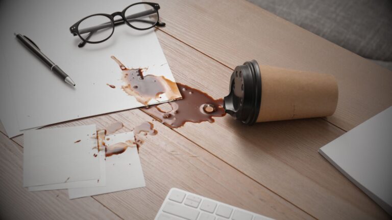 Spilled coffee on papers and keyboard symbolizing burnout and stress among students and healthcare trainees.